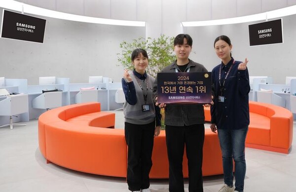 삼성전자서비스 임직원들의 '2024 한국에서 가장 존경받는 기업' 1위 선정 기념 촬영