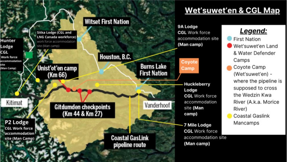 국제앰네스티가 편집한 웻수웨튼(Wet’suwet’en)과 CGL(캐나다 가스링크 사업) 지도 (출처: 국제앰네스티 Wet’suwet’en Report, 2023년 12월)