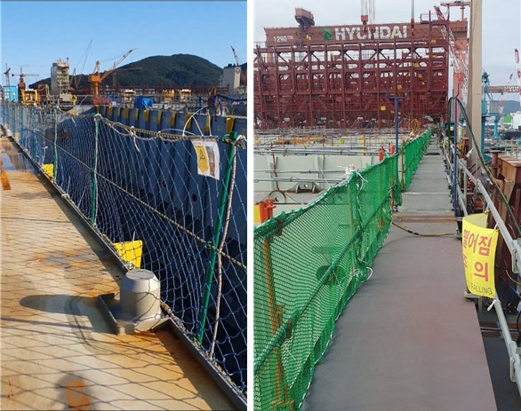 한화오션과 HD현대중공업의 고소작업장 모습(금속노조 거제통영고성조선하청지회 제공). ​​​​​​​​​​​​​​​​​​​​​​​​​​​​HD현대중공업(오른쪽 사진)은 컨테이너선 상부에도 산업안전보건법 기준에 맞게 철제 파이프로 안전난간이 설치돼 있지만, 한화오션(왼쪽 사진)은 철제 와이어와 로프로 된 접이식 안전난간이 설치돼 있어 추락방지 기능을 전혀 하지 못한다.