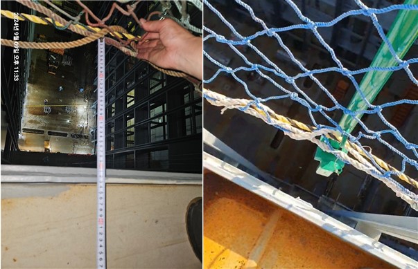 로프와 그물로 된 안전난간은 큰 틈이 쉽게 벌어져 추락방지 기능을 전혀 하지 못 한다. 또한, 난간기둥 역시 고정식이 아니라 쉽게 빠지게 되어있어 사람이 쓰러지면 그 힘을 지탱할 수 없다.(금속노조 거제통영고성조선하청지회 제공)