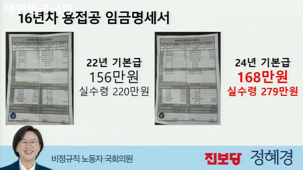 정혜경 진보당 국회의원이 국정감사에서 공개한 16년차 용접공 임금명세서(국회 생중계 캡처)