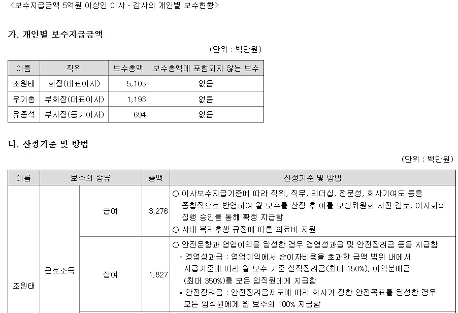 대한항공 사업보고서, 조원태 회장 보수